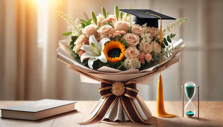 Buquê de formatura elegante com flores mistas e laço sofisticado.
