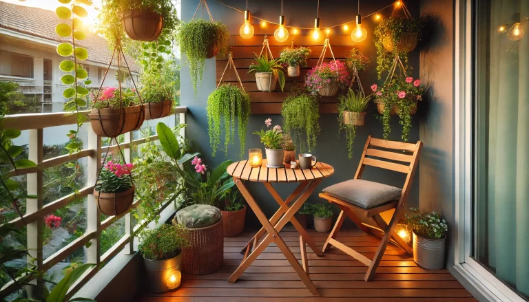Jardim pequeno aconchegante em uma varanda com plantas e luzes.