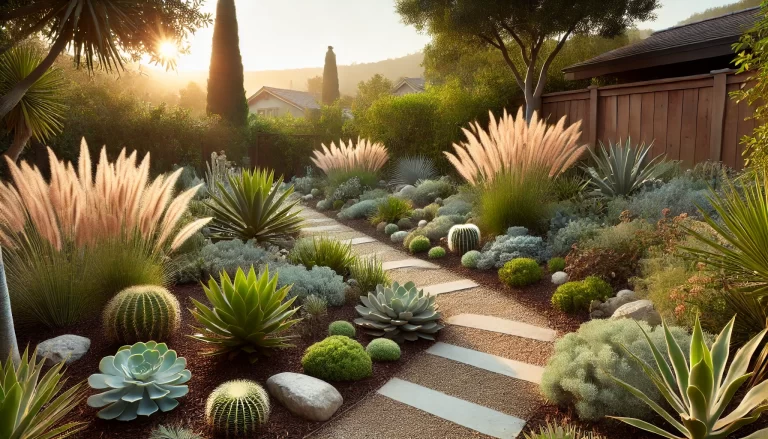 Jardins de baixa manutenção com plantas resistentes e caminho de pedras.