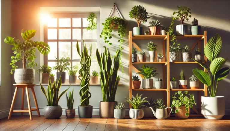Ambientes com plantas fáceis de cuidar em vasos modernos e iluminação natural.