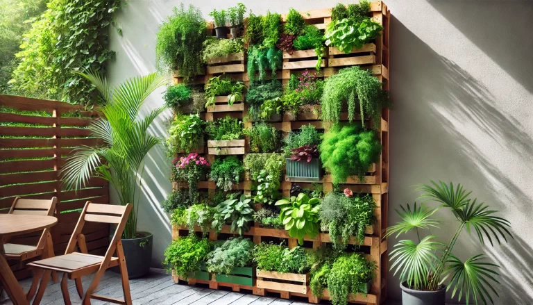Jardim vertical sustentável montado em um pallet de madeira com diversas plantas verdes.