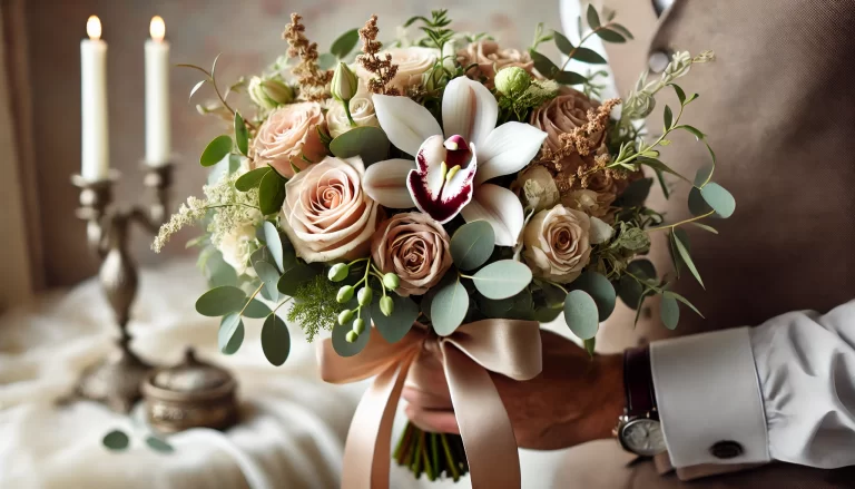 Buquê de noivo elegante com flores sofisticadas.