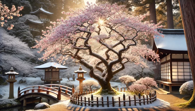 Cerejeira japonesa em plena floração com pétalas rosa e brancas.
