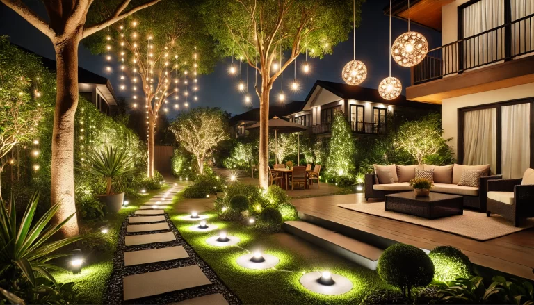 Iluminação para jardins com luzes LED, criando um ambiente sofisticado e aconchegante.