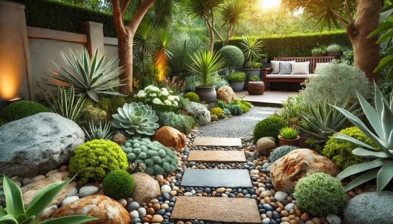 Jardim de pedra com caminho de pedras e suculentas.