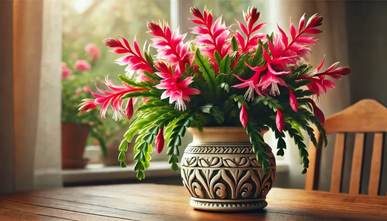 Flor de Maio em vaso decorativo com flores vibrantes e folhas verdes.