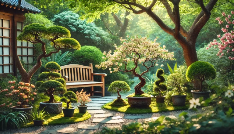 Jardim harmonioso com as melhores árvores para Pequenos Jardins, destacando uma atmosfera tranquila.