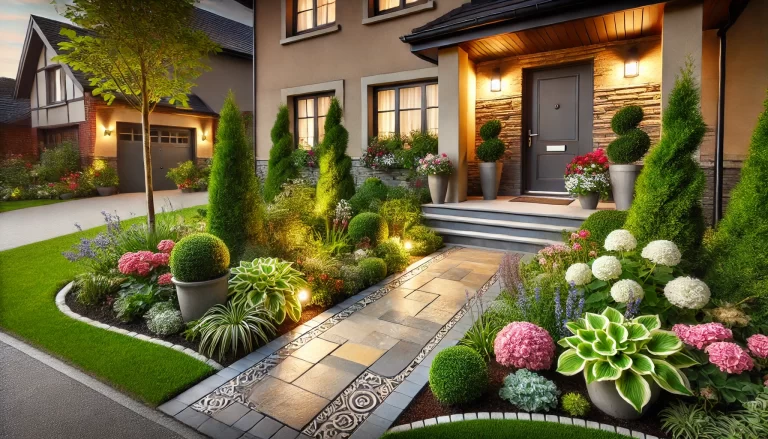 Paisagismo para Frentes de Casas Pequenas com jardim sofisticado e plantas decorativas.