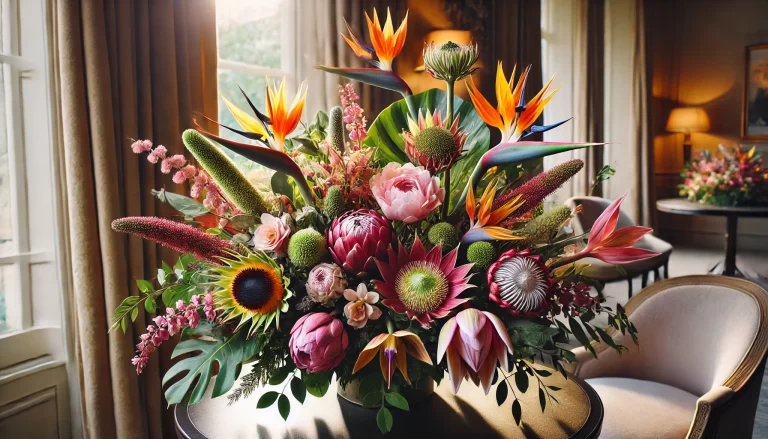 Buquê de Flores Exóticas vibrante e sofisticado, ideal para eventos e decorações.