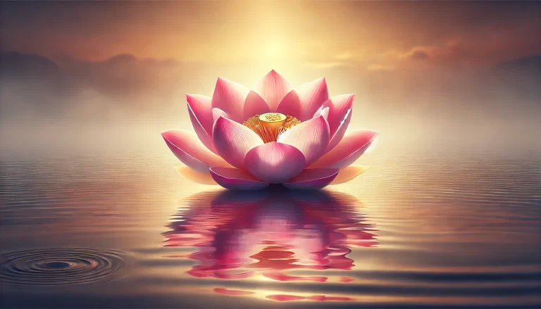 Flor de Lótus rosa flutuando em águas calmas ao amanhecer.