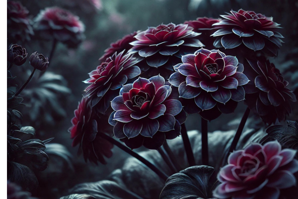 Flores negras misteriosas em um jardim escuro, mostrando que flores pretas existem.