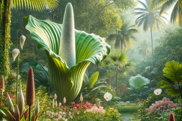 Jardim tropical com diversas plantas e uma Titan Arum ao fundo.