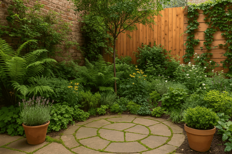 Jardim Urbano com plantas verdes e flores em um espaço pequeno.