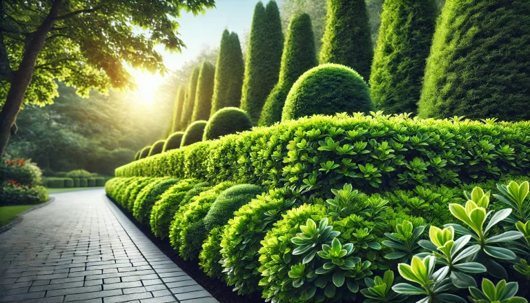 Cerca viva bem cuidada, composta por plantas para cercas vivas, formando uma barreira verde.