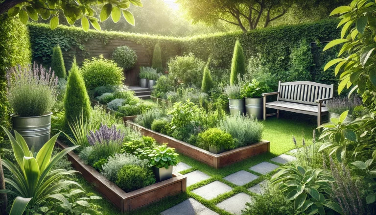 Paisagismo com plantas medicinais em um jardim terapêutico com ervas como lavanda e alecrim.