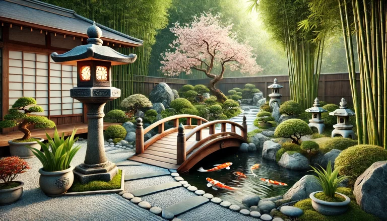 Jardins no Estilo Japonês com lanterna de pedra, ponte e lago com carpas.