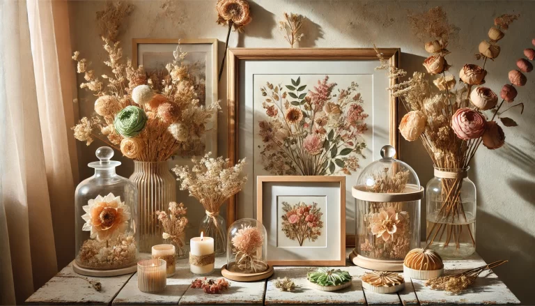 Reutilizar buquês de flores na decoração com arranjos secos e sustentáveis.