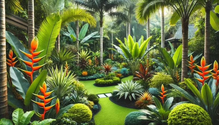 Jardins tropicais exuberantes com plantas verdes e palmeiras.