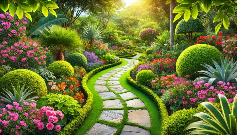 Caminhos de Jardim com pedras e vegetação ao redor.