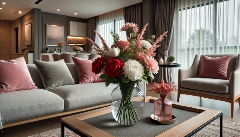 Sala moderna com flores artificiais em vaso.