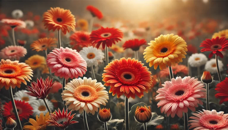 Gérberas coloridas em um jardim ensolarado, com pétalas abertas e vibrantes.