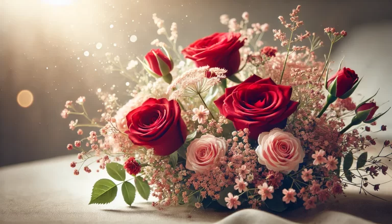 Buquê de amor romântico com rosas vermelhas.