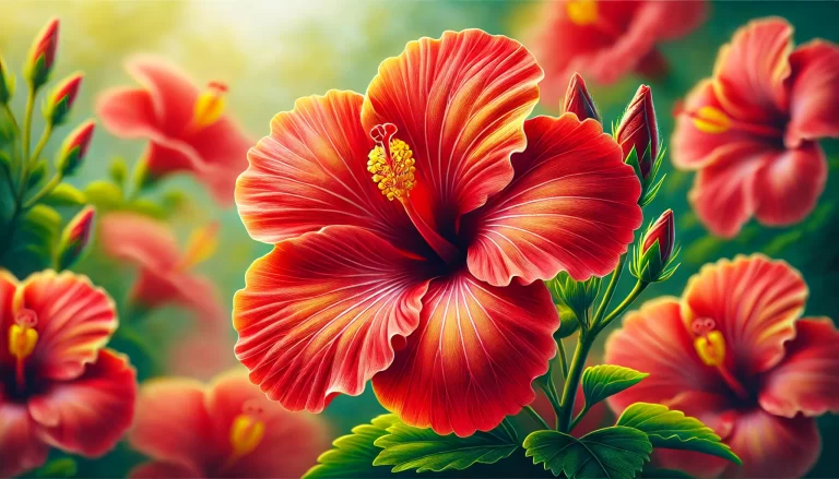 Flor de hibisco vibrante em pleno florescimento.