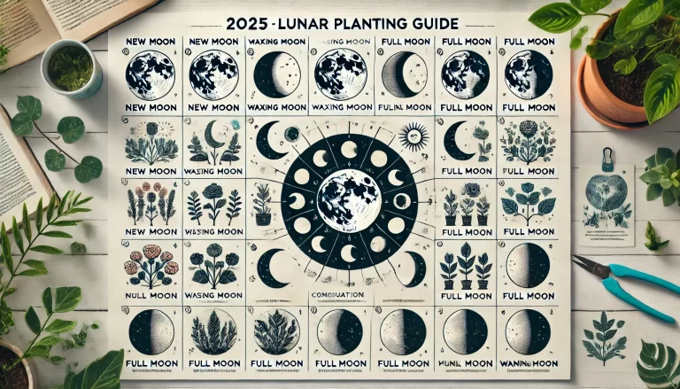 Calendário Lunar para Plantio 2025 com fases da lua e cultivo de plantas.