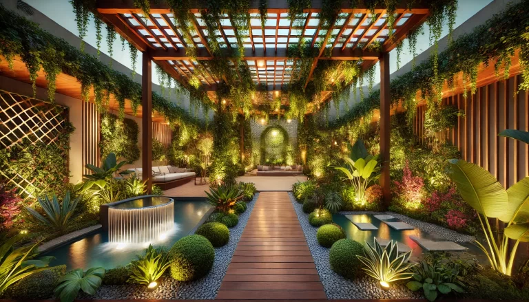 Jardim com elementos de paisagismo em alta, cheio de verde e iluminação aconchegante.