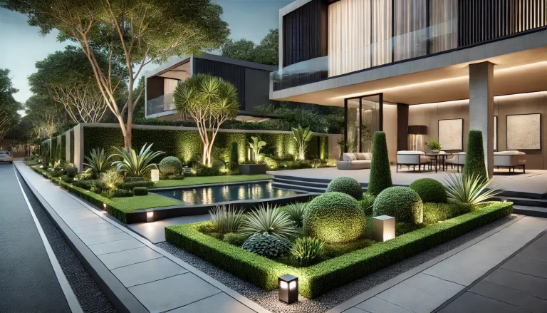 Jardim de paisagismo moderno em frente a uma casa contemporânea sofisticada.