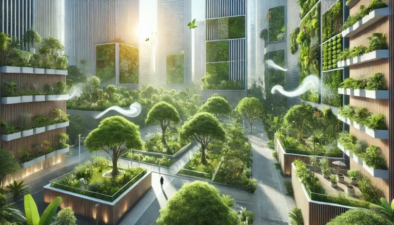 Paisagismo sustentável com jardins verticais e telhados verdes purificando o ar.
