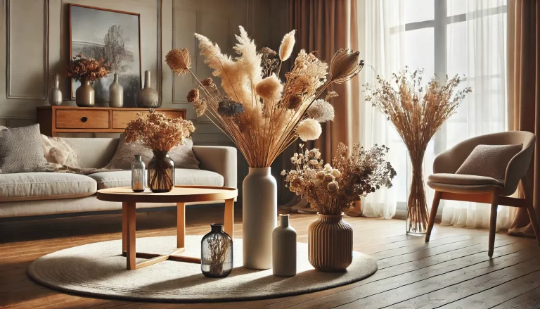 Flores secas na decoração elegante para interiores modernos.