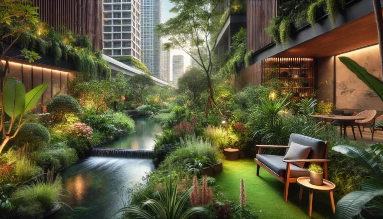 Paisagismo e bem-estar mental em um jardim urbano sereno com banco e lago.