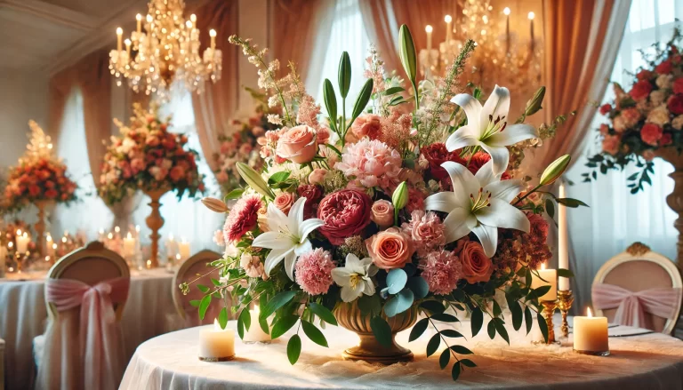 Arranjos de casamento com flores elegantes.