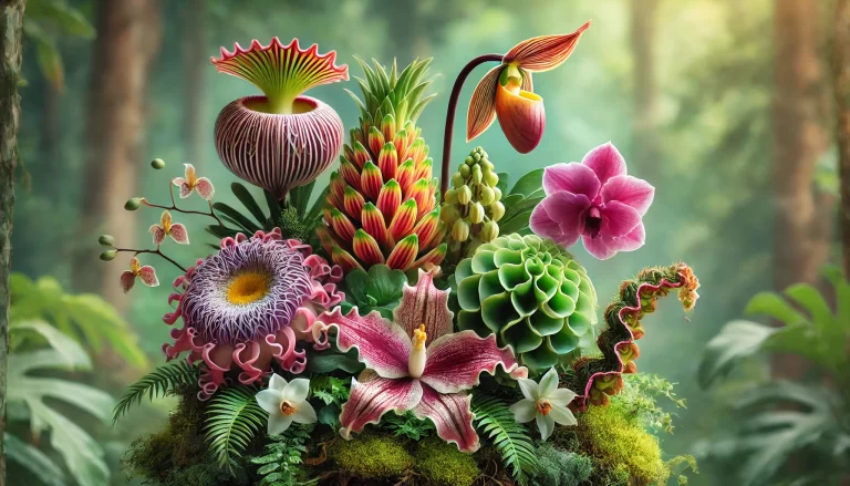 Flores raras em um jardim tropical vibrante.