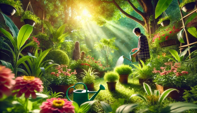 Benefícios da jardinagem: pessoa cuidando de um jardim rodeado por plantas e flores.