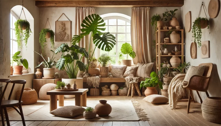 Ambiente aconchegante com estilo naturalista na decoração, destacando materiais naturais e plantas.