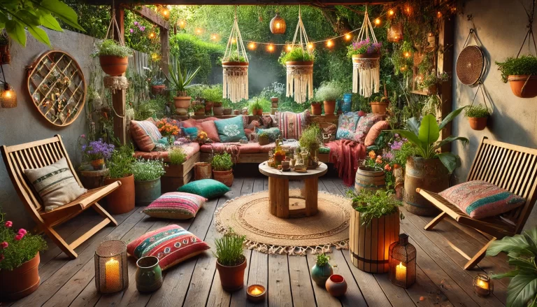 Estilo Boho na Jardinagem com móveis rústicos e plantas exuberantes.