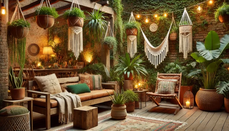 Jardim no estilo Boho com decoração rústica e iluminação aconchegante, seguindo a tendência Boho 2025.