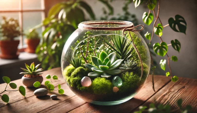 Terrário com Plantas Naturais em vidro decorativo.