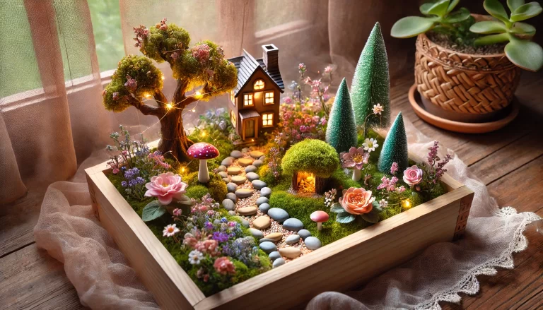Mini jardim encantado com casinhas de fadas e flores coloridas.