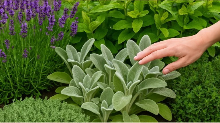 Jardim Sensorial com Plantas aromáticas e texturas variadas.