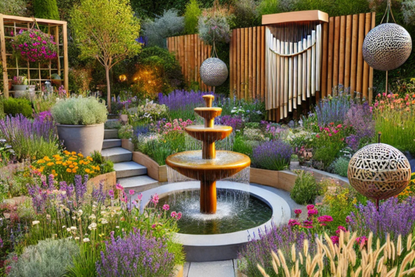 Jardim Sensorial com flores vibrantes, ervas aromáticas e fonte relaxante.