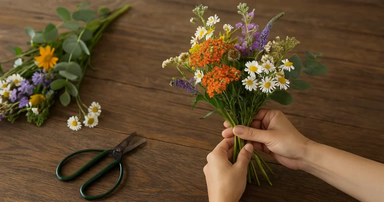Buquês de flores silvestres coloridos sobre uma mesa rústica.