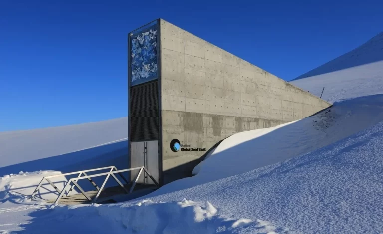 Entrada do Banco Global de Sementes de Svalbard na paisagem ártica norueguesa.
