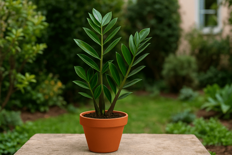 Zamioculca encantado em vaso de barro em jardim verde.