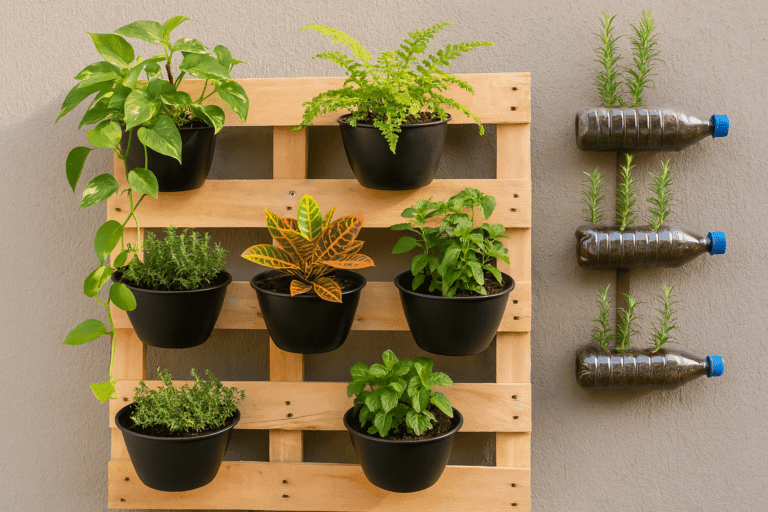 Jardim vertical sustentável feito com pallets e vasos reciclados.