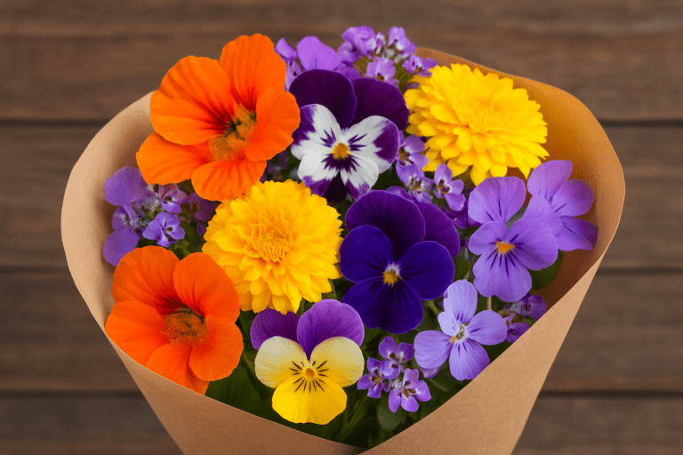 Buquês de flores comestíveis coloridas, incluindo amor-perfeito, capuchinhas e calêndulas, com fundo de madeira rústica
