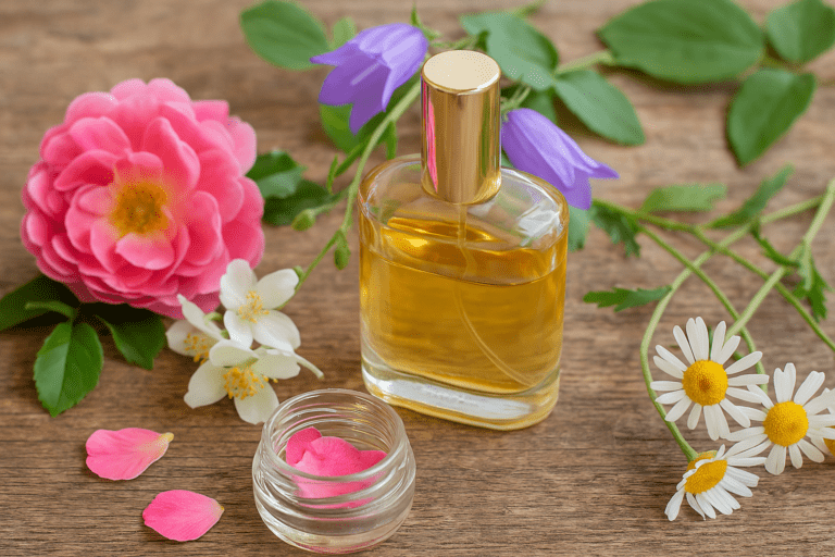 Perfume natural com flores ao lado de pétalas frescas.