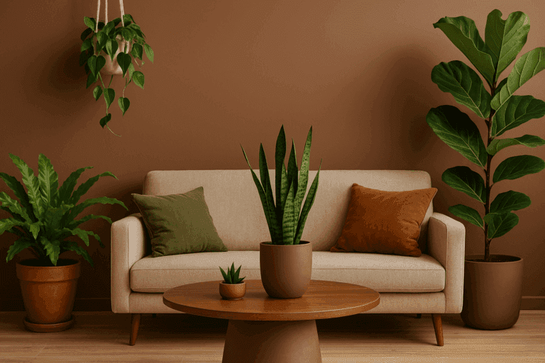 Decoração mocha mousse com plantas